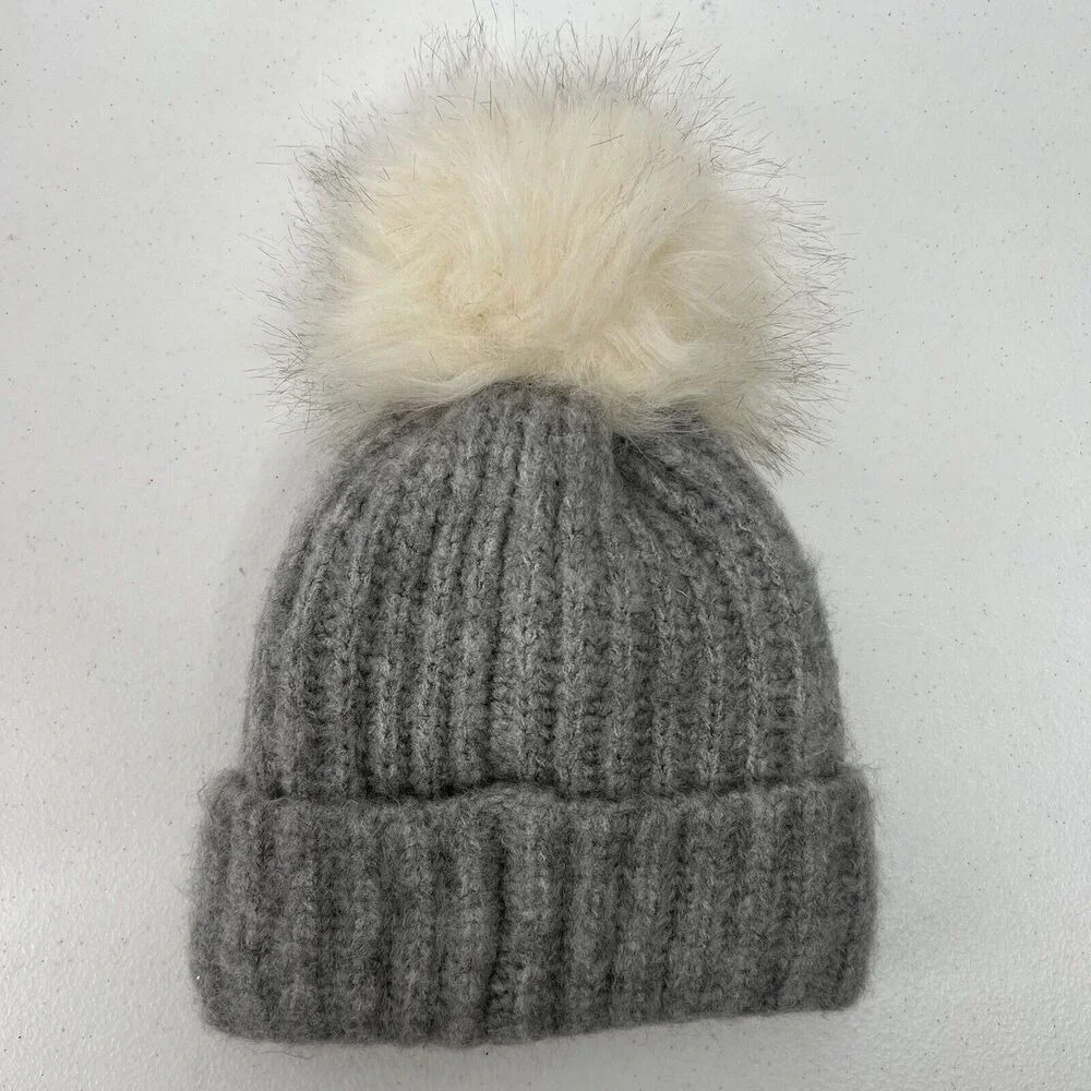 Starting Out Size Infant Beanie Hat Gray Faux Fur Pom Pom Baby Girl Winter‎